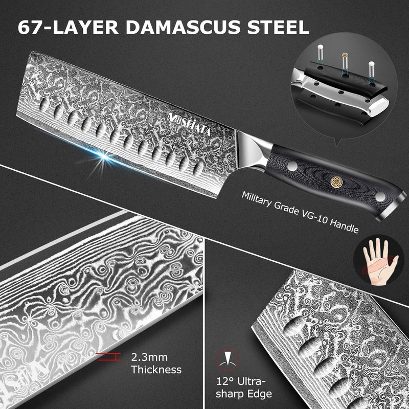 MOSFiATA 7'Nakiri Knife Damascus Professional Sharpe Chef Knife， Kitchen Knifed Damascus Steel VG-10 Blade with Ergonomic Handle Sharpener - Image 2